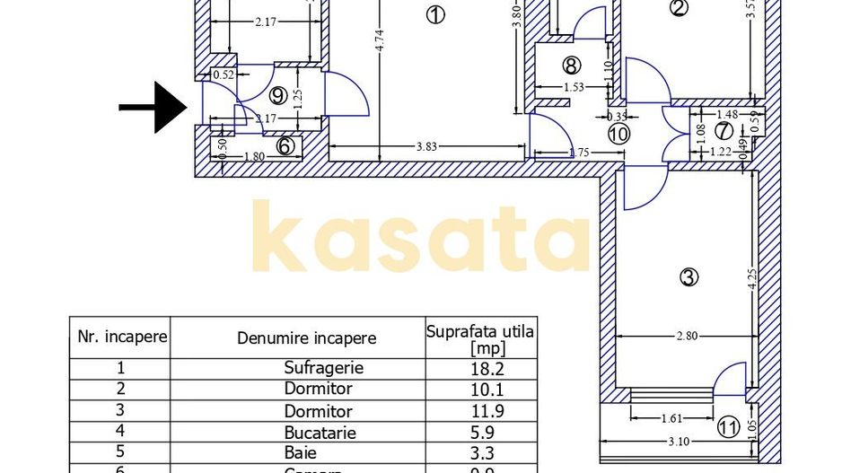 3 Camere 🏢| Etaj 2/10 ⬆️ | Centrală proprie 🔥 | Totul nou ✨ | Metrou - Schiță 15