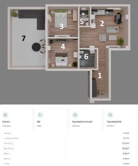 Apartament 3 camere, terasă 31 mp Otopeni central | parcare, comision 0 - Schiță 13
