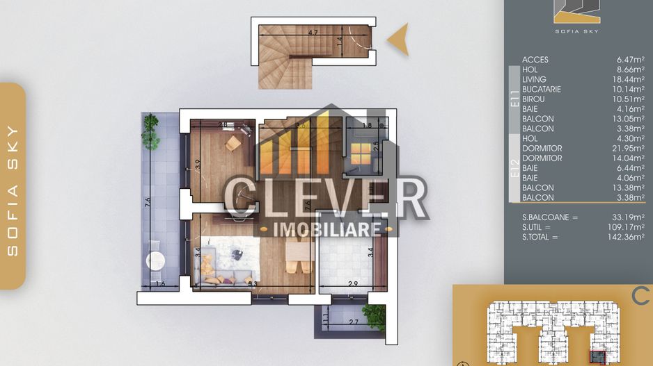 Duplex 4 camere | 109 mp | 33 mp balcoane | Pallady | Comision 0% - Schiță 3