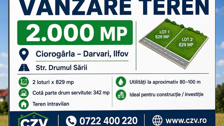 Teren intravilan 2.000 mp, două loturi construibile – Darvari, Ciorogârla - Poză 1