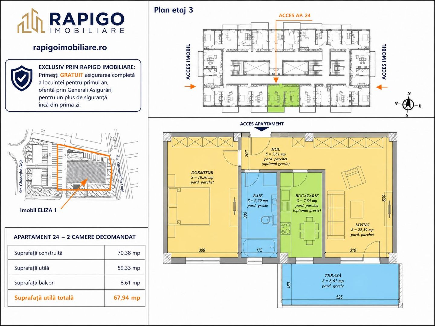 Apartamentul nr. 24 | 2 camere decomandat | Etaj 3 | Terasă 8,61 mp | - Poză 1