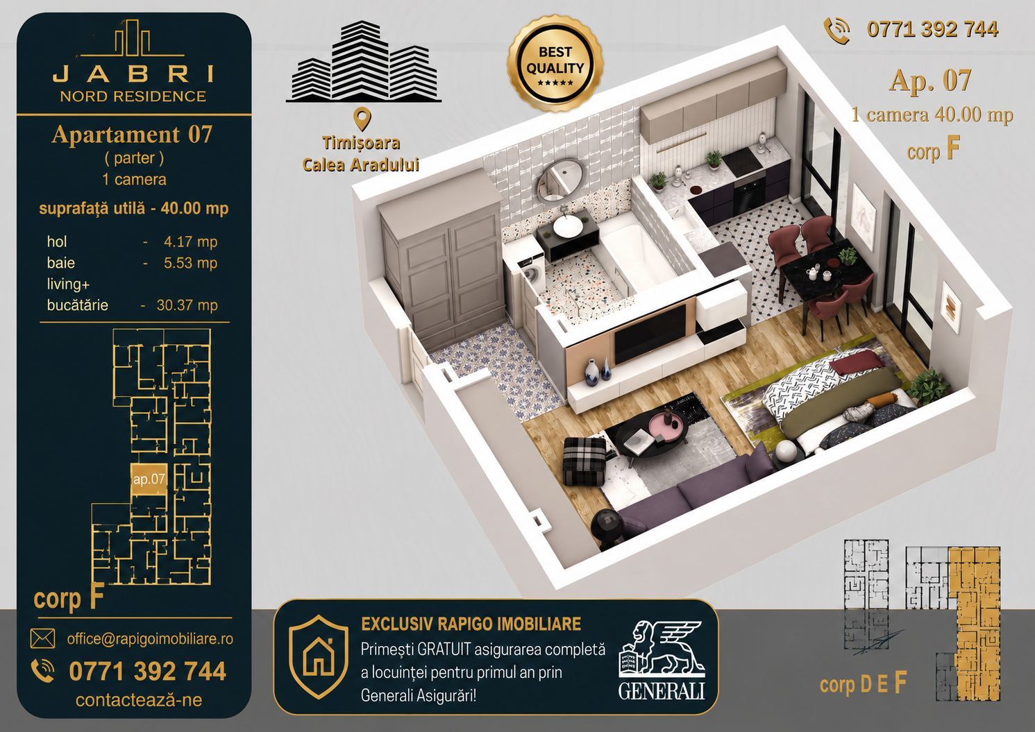 Apartament 07, Corp F – Studio | 40,29 mp | Jabri Nord Residence - Poză 1