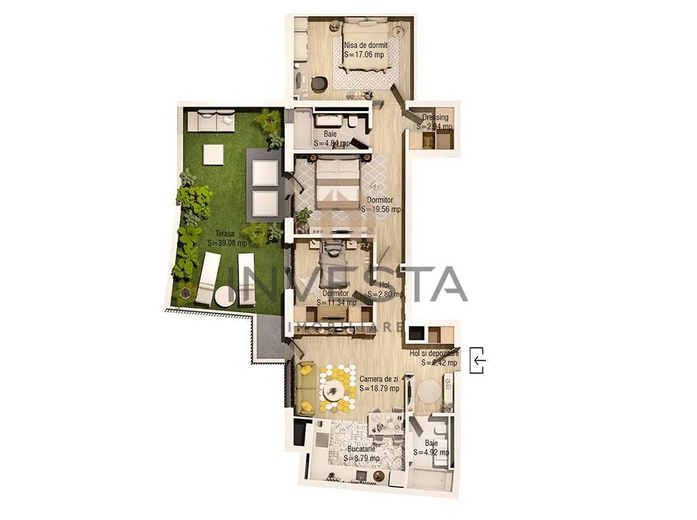 Apartament  4 camere 97 mp utili+ terasa 39 mp cu panorama spre Parc! - Schiță 2