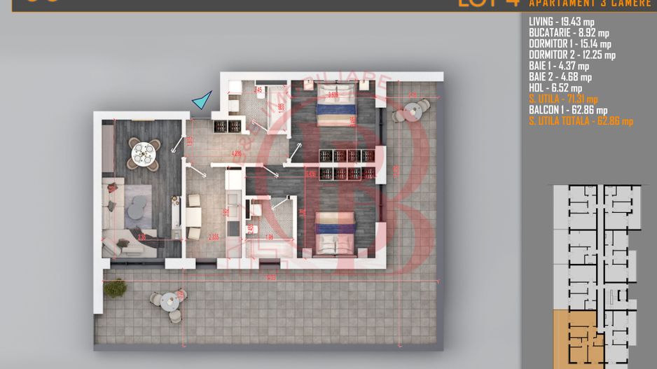 Apartament 3 camere Titan Th. Pallady-Sector 3-Metrou Teclu - Schiță 2