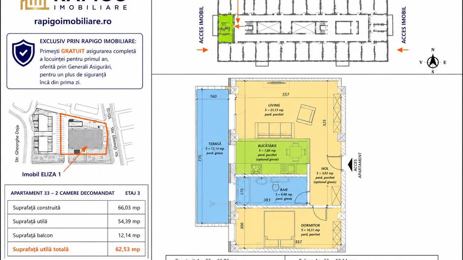 Apartamentul nr. 33 | 2 camere decomandat | Etaj 3 | Terasă 12,14 mp | - Poză 1