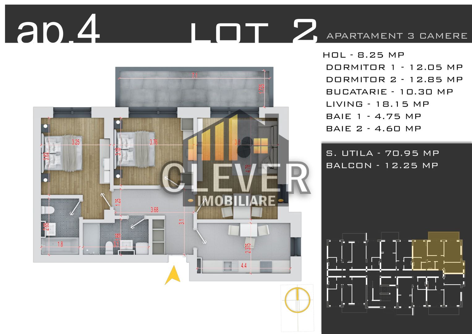 Apartament 3 Camere 83 mp - Zona Pallady - Comision 0% - Schiță 12