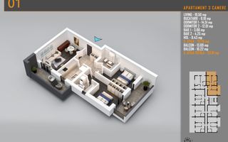 3 Camere | 95.44 mp Total | 2 Balcoane | Metrou Nicolae Teclu - Poză 2