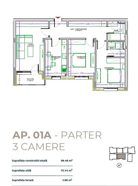 Vânzare, apartament cu 3 camere, zona Tractorul - Schiță 2