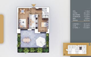 Apartament 2 camere cu terasă mare 52m², living 24m²,  0% comision - Poză 2