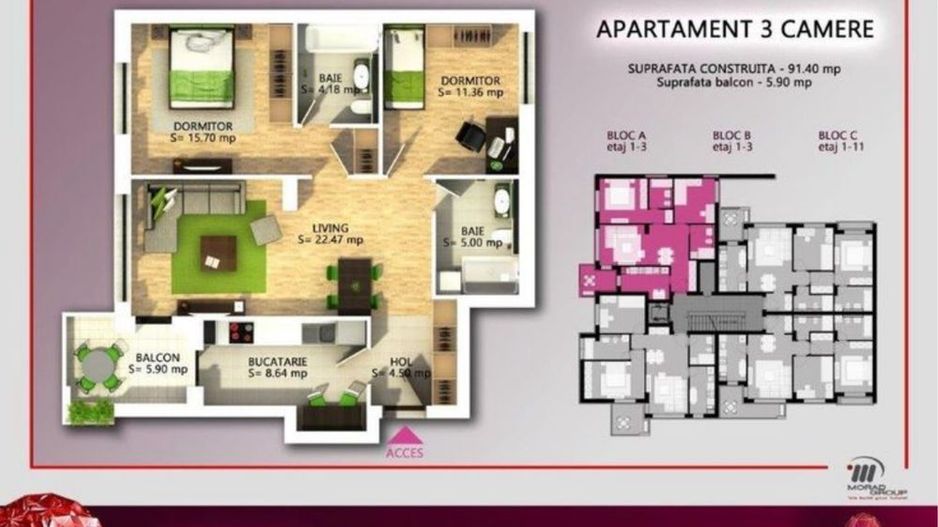 3 camere complet mobilat si utilat in Onix Park North Residence Pipera - Poză 8