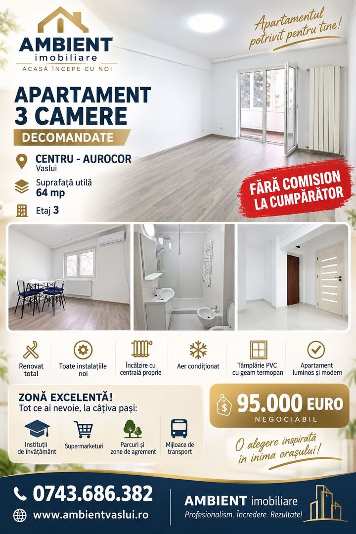 Apartament cu 3 camere, etaj 3, renovat total, VASLUI zona CENTRU-AUROCOR; - Poză 1
