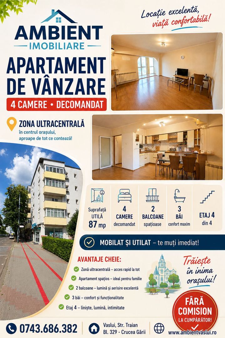 Apartament cu 4 camere, mobilat și utilat, VASLUI - zona ULTRACENTRAL; - Poză 1