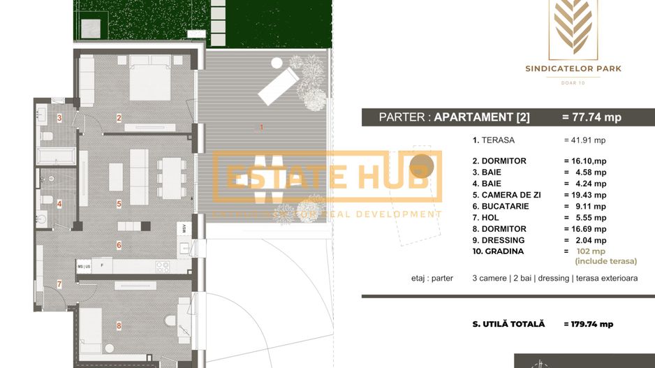 Apartament 3 camere cu terasă 41 mp și grădină 102 mp – Sindicatelor Park - Poză 2
