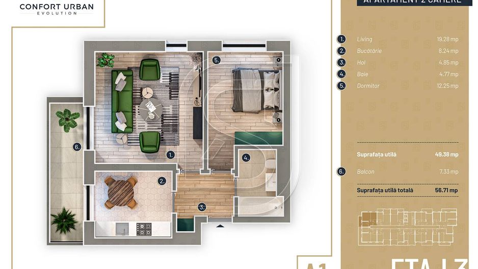Apartament cu 2 camere, decomandat, 56.7 mp, Targ Pucheni, Rahova - Schiță 7