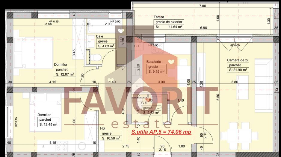 Apartament nou cu 3 camere si 2 bai la etajul 1 - Schiță 15