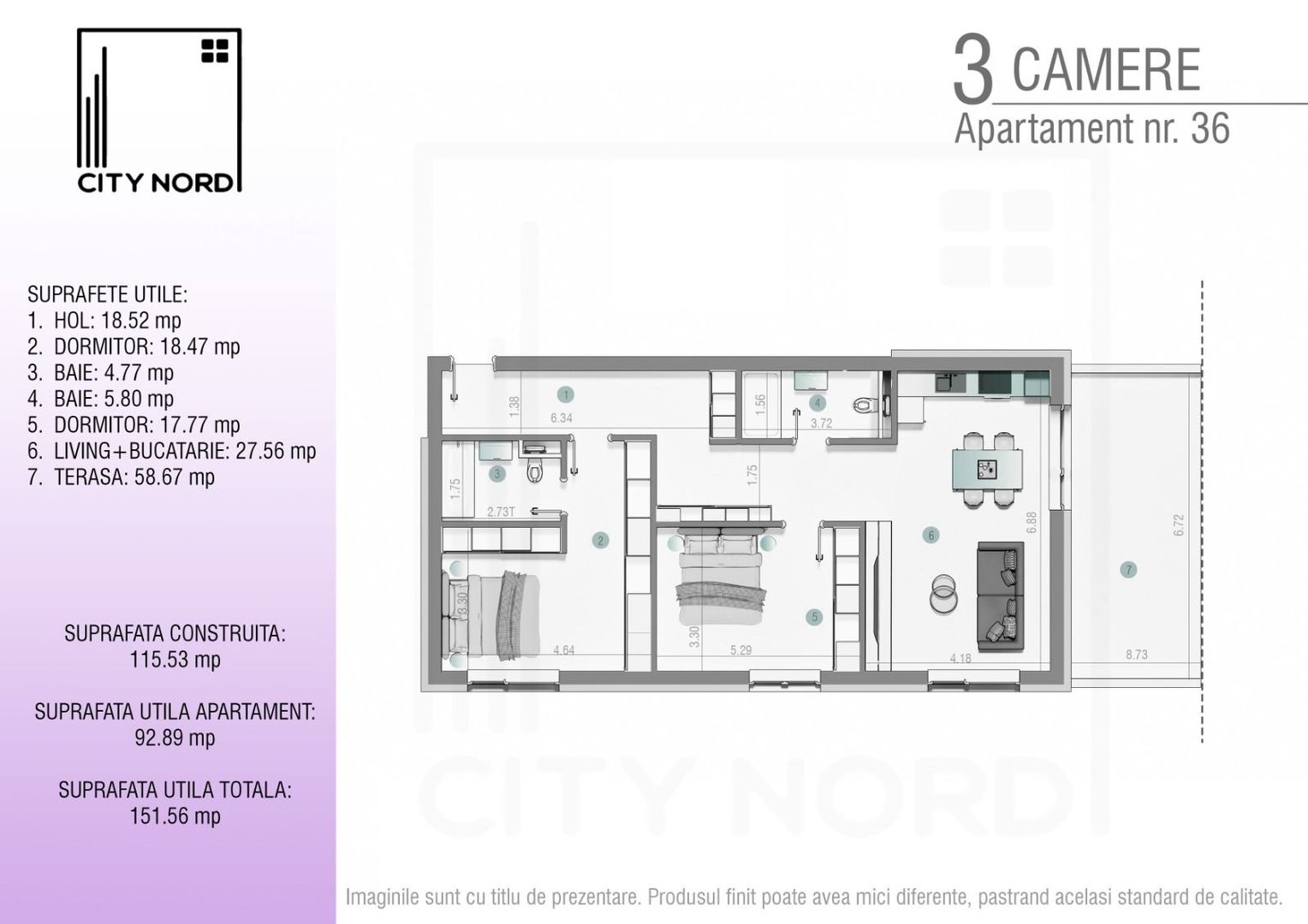 Apartament 36 – 3 camere – 92.6 mp – Terasă – Etaj 3R - Poză 1