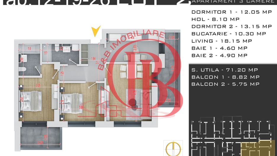 3 camere -parcare inclusa - proiect nou -Pallady - Schiță 14