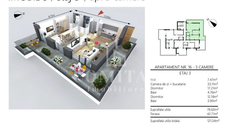 Apartament 3 camere | 79mp | terasa | garaj | Borhanci - Poză 13