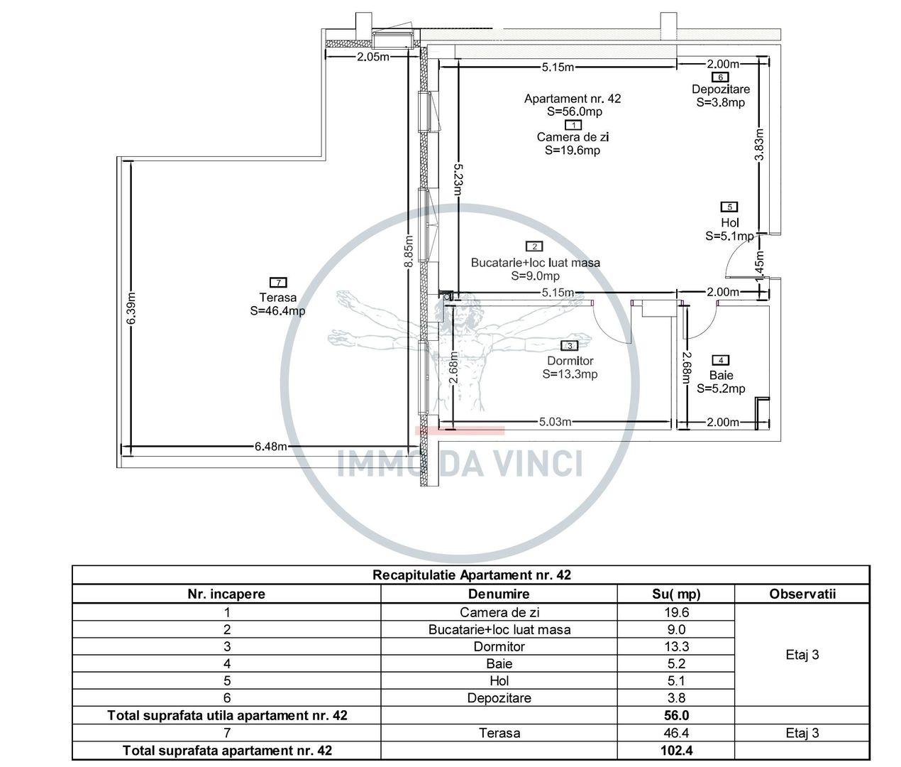 Apartament de vanzare 56mp si terasa 46mp Zona Marasti - Schiță 1