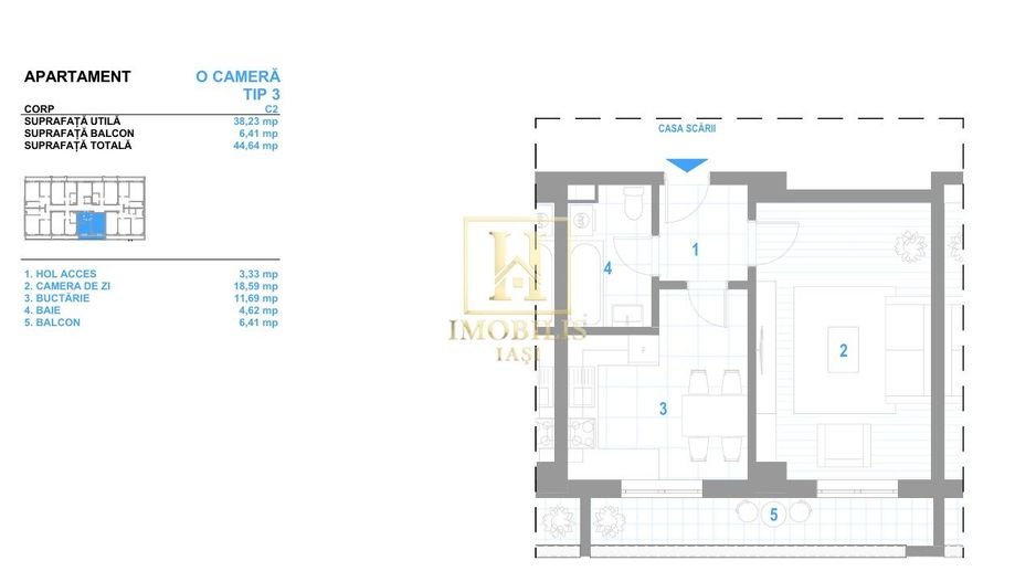INTABULAT Apartament 1 camera Dec. 44 mp 79000 euro Bucium - Poză 7