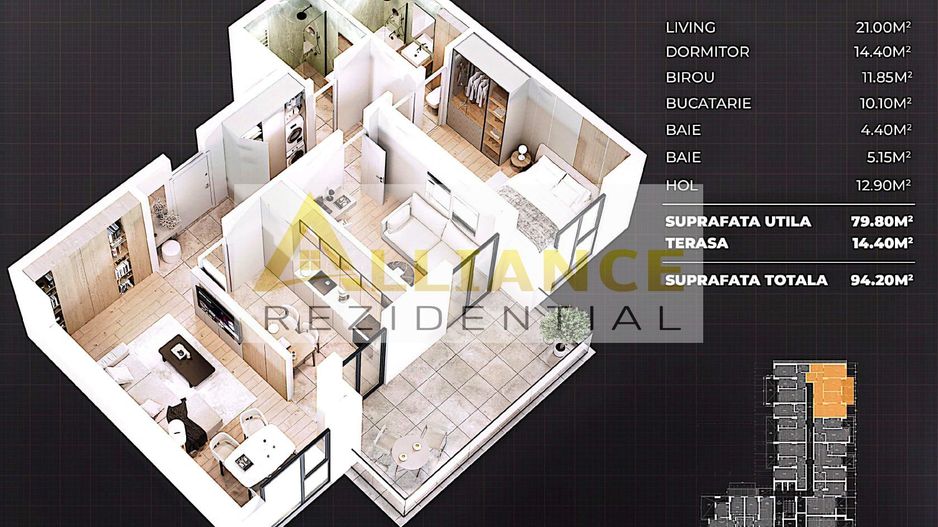 APARTAMENT 3 CAMERE SI 2 BAI DE VANZARE - SKY GARDEN RESIDENCE - Poză 15