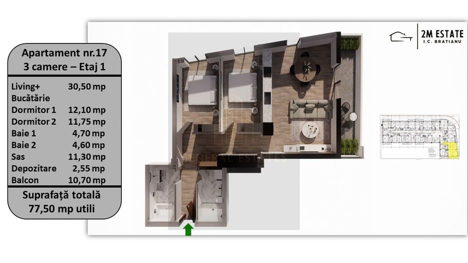 Apartament 3 camere, 76 mp utili + balcon, orientare Nord-Est - Poză 1