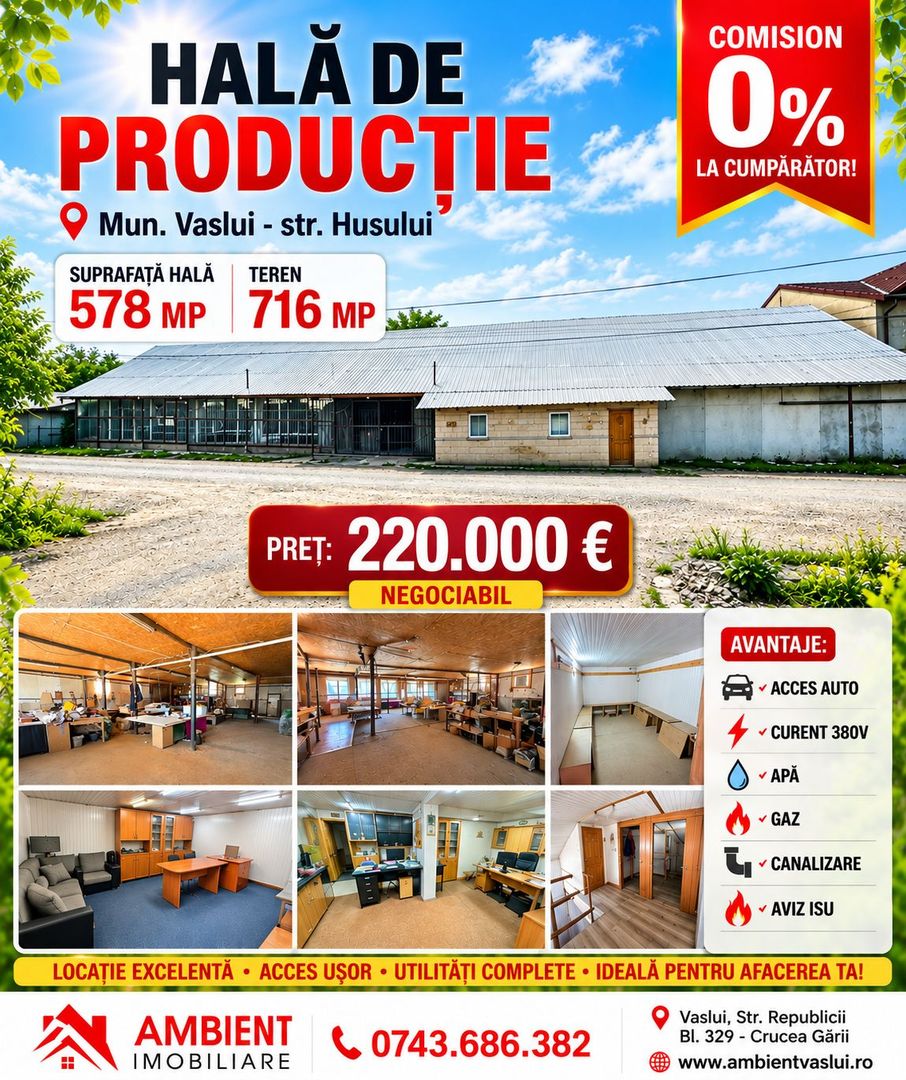 HALĂ PRODUCȚIE - ATELIER cu SC-578 mp, teren 716 mp, VASLUI - Str. Burebista; - Poză 1