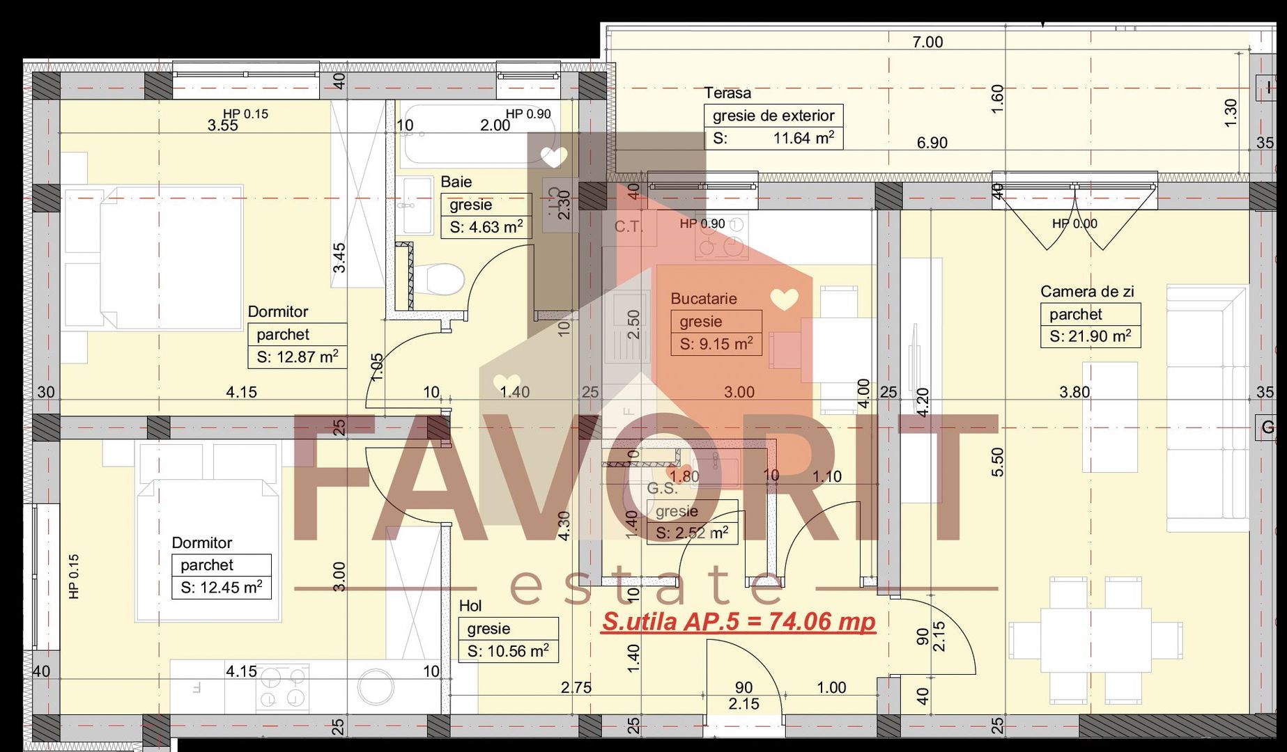 Apartament nou cu 3 camere si 2 bai la etajul 1 - Schiță 15