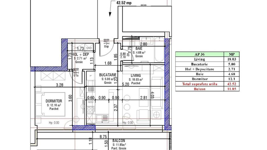 Apartament Studio | 42.52 mp + 11.85 mp Balcon | Sala Polivalentă - Schiță 10