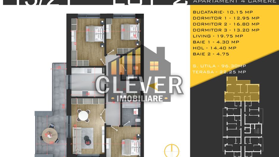 4 camere spațios Pallady | 96 mp utili, Terasa 22 mp - Schiță 11