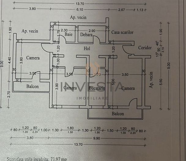 Apartament 3 camere la etajul 2, decomandat! Zona Petrom Manastur! - Schiță 11