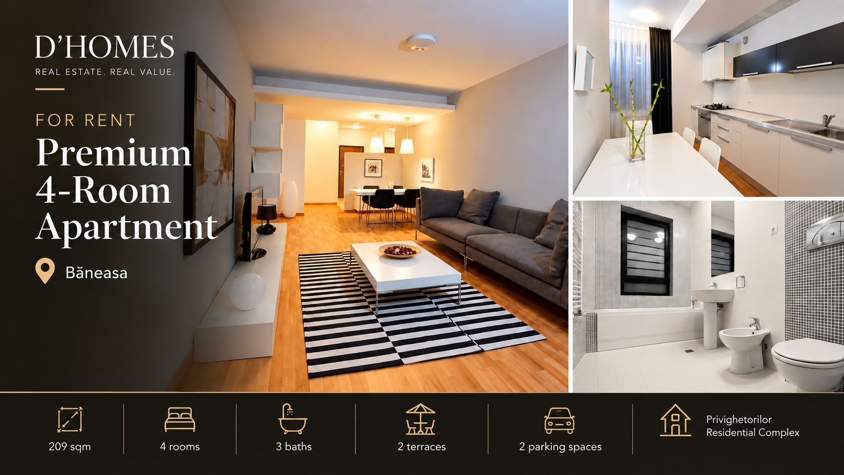 For Rent | Premium 4-Room Apartment | 3 Baths | Băneasa - Poză 1