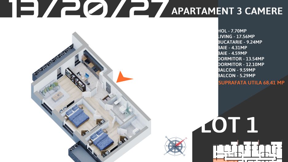 3 camere decomandat cu parcare finalizare rapida Pallady - Schiță 5