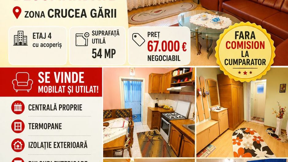 Apartament cu 2 camere, mobilat si utilat, zona Crucea Gării; - Poză 1