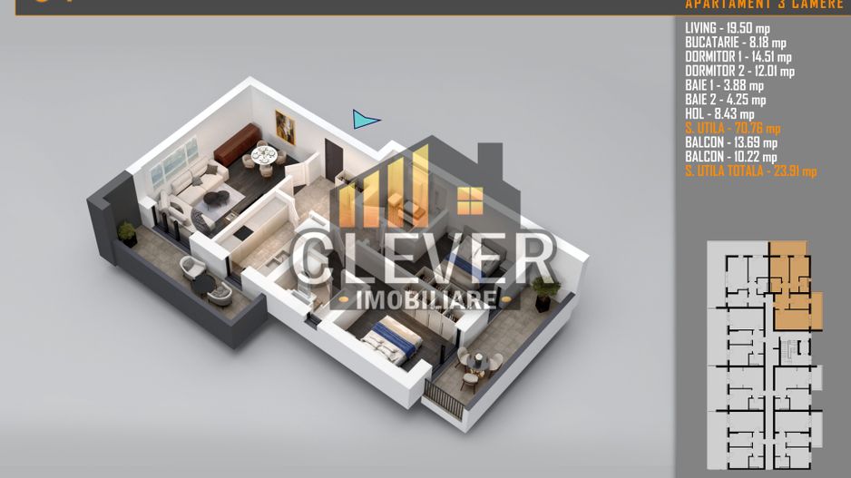 3 Camere | 95.44 mp Total | 2 Balcoane | Metrou Nicolae Teclu - Schiță 10