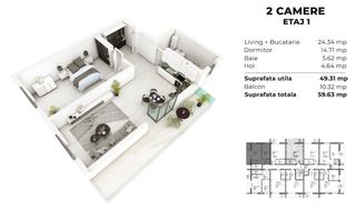 2 camere spatios predare la cheie 58 mp - Poză 1