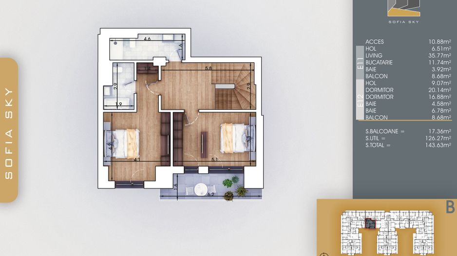 3 camere duplex cu living generos si 3 bai la 700 m de M Nicolae Teclu Pallady - Schiță 10