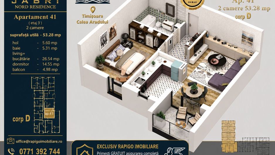 Apartament 41, Corp D – 2 camere | 53,28 mp | Etaj 3 | Jabri Nord Resi - Poză 1