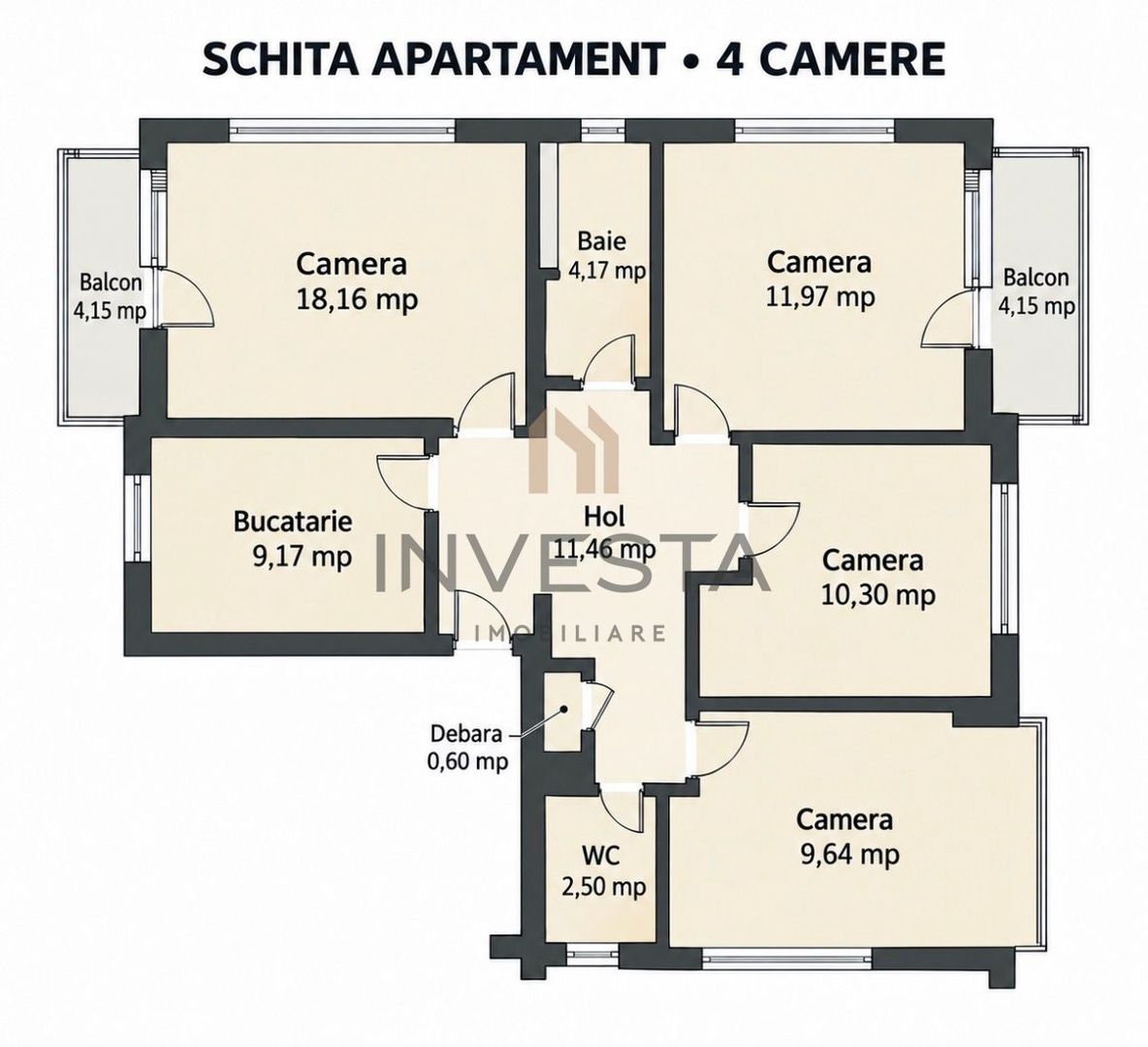 Apartament 4 camere decomandat, complet renovat, etaj 1, Iulius Mall - Schiță 16