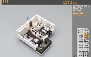 2 camare | 48,25 mp Total | Balcon 7,41 mp | Comision 0% 15 min metrou - Schiță 12