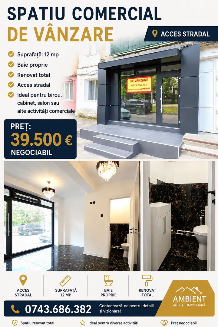 Spatiu comercial 12 mp, renovat total, Vaslui - zona Liceu Procopiu; - Poză 1