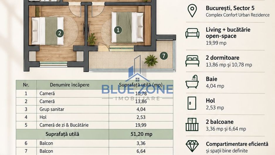 3 Camere open-space | Confort Urban Sălaj | 51,20 mp 2 Balcoane - Poză 8
