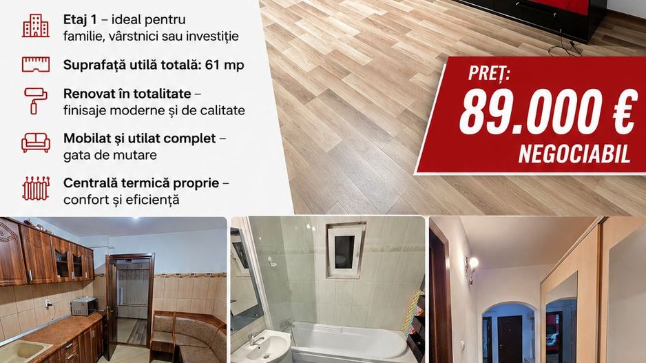 Apartament 3 camere, etaj 1, mobilat și utilat, zona GARĂ; - Poză 1