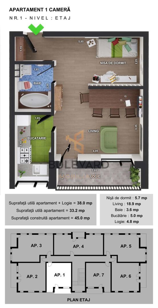 Apartament  cu 1 camera, zona Terra ! - Poză 3