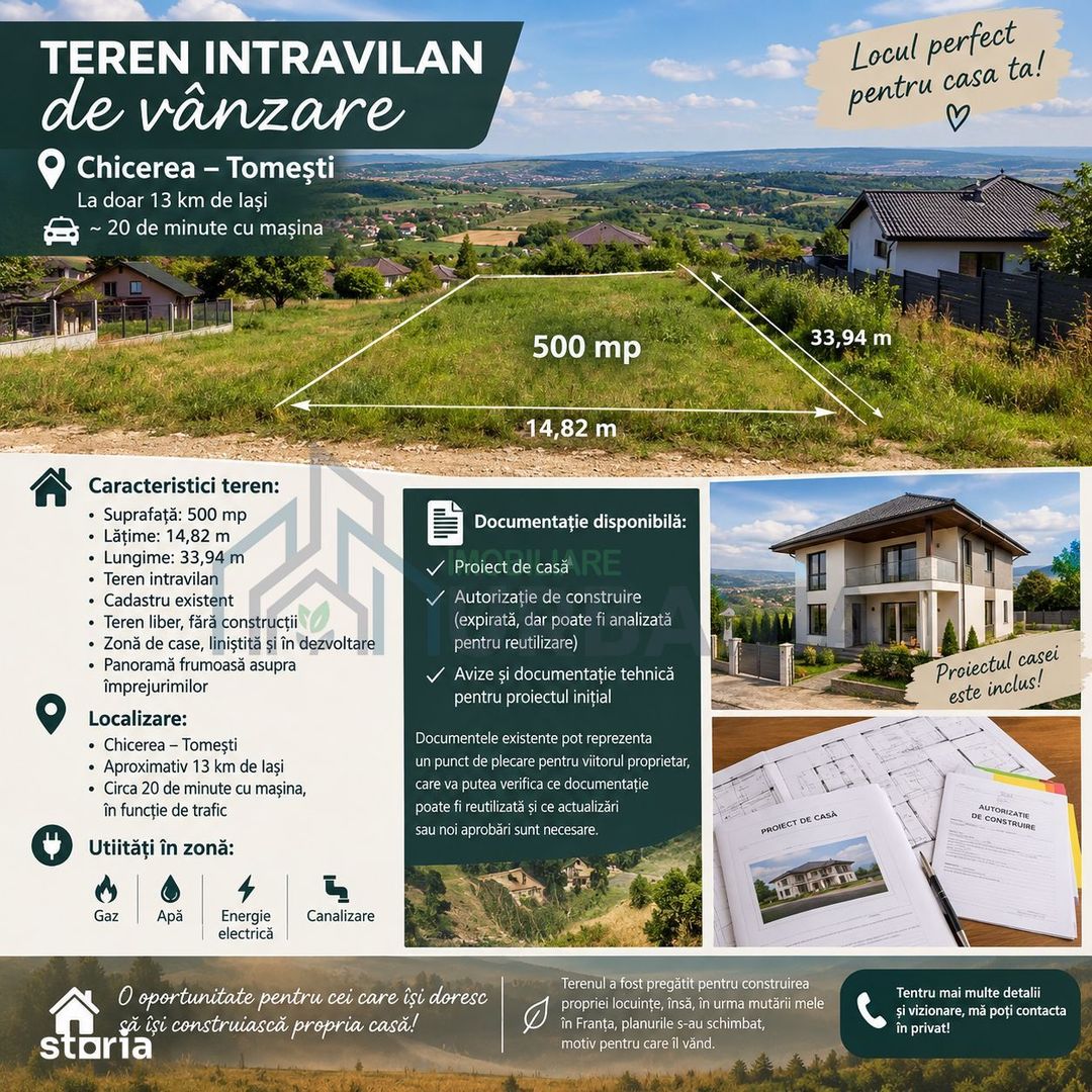 Teren intravilan de vânzare în Chicerea – Tomești, 500 mp, cu proiect de casă disponibil - Poză 1