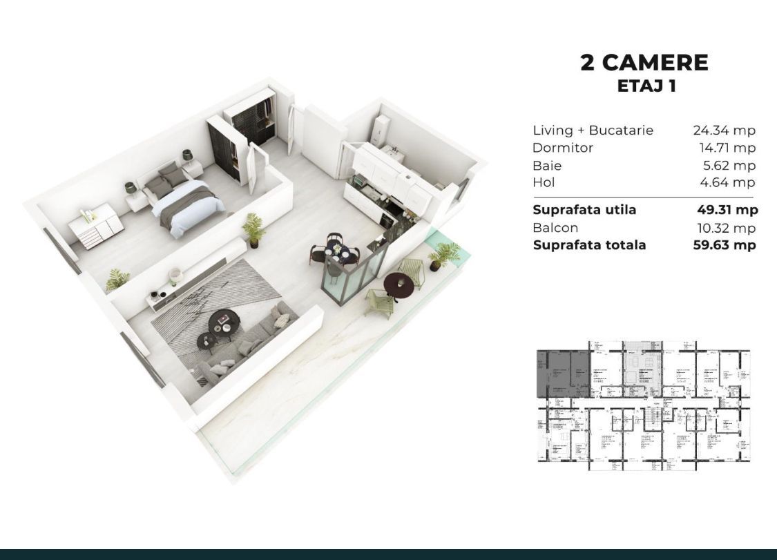 2 camere spatios predare la cheie 58 mp - Poză 1