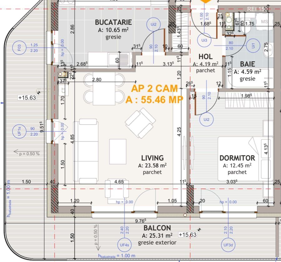 Apartament cu două camere, decomandat, finisat, EROILOR RESIDENCE - Schiță 13