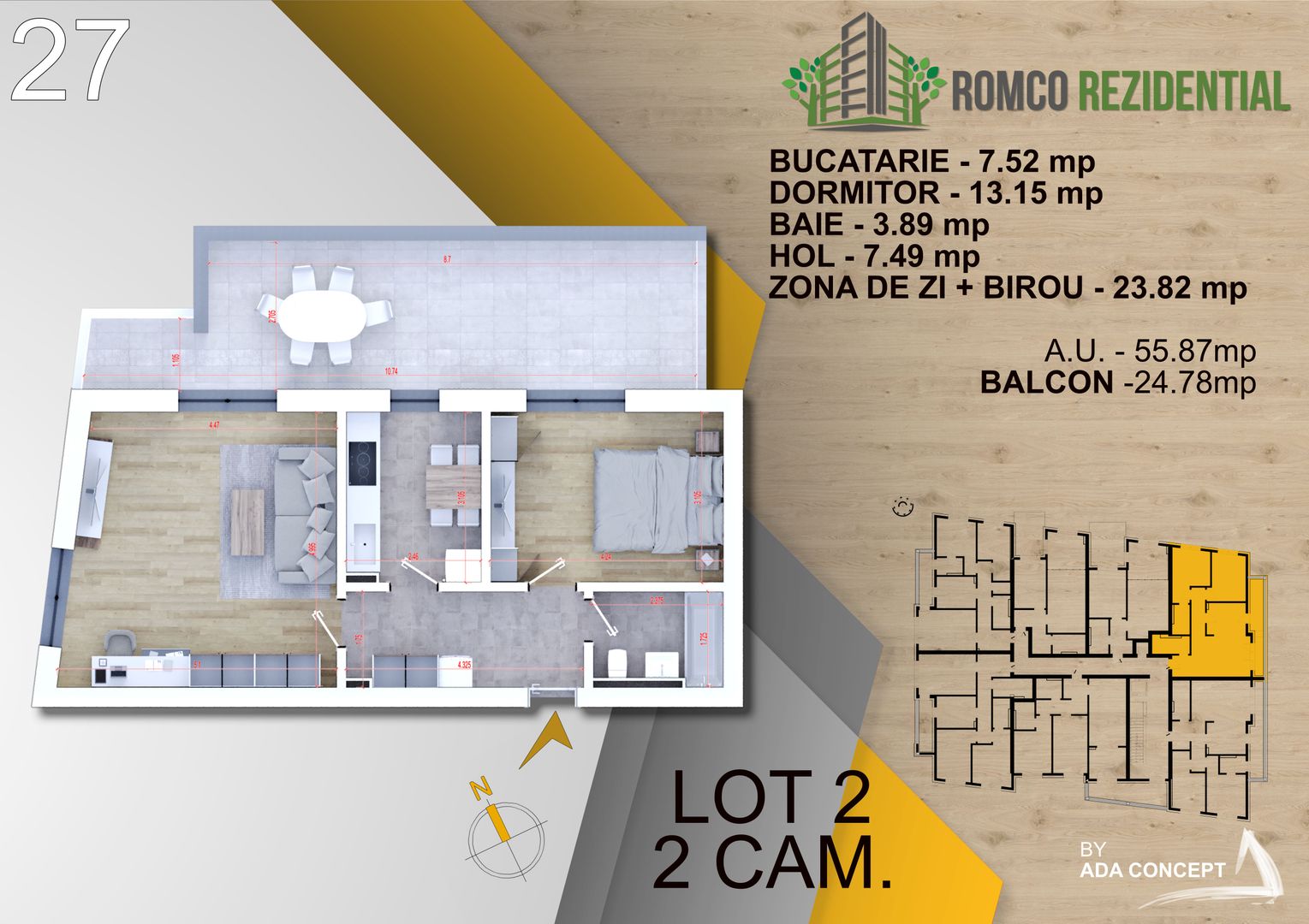 2 camere cu Terasa Titan Pallady- panouri solare -tehnologie  NovingAIR - Schiță 1