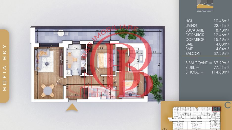 Finalizat-3 camere-2 bai-Terasa 37mp-7min Metrou N. Teclu - Schiță 8