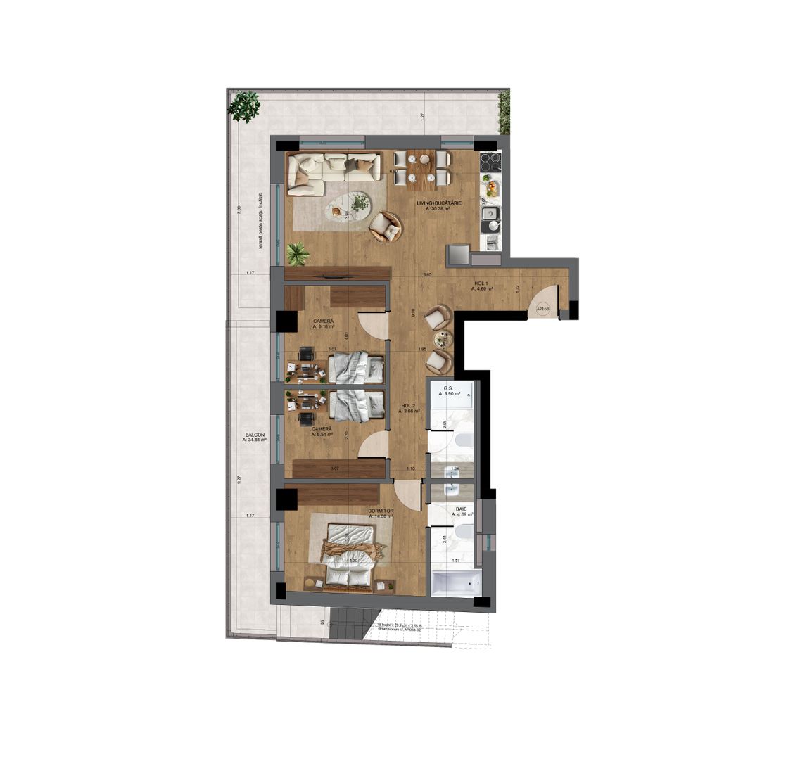 Apartament 4 camere nou, cu terasa  Pta-Unirii AP16B - Schiță 23